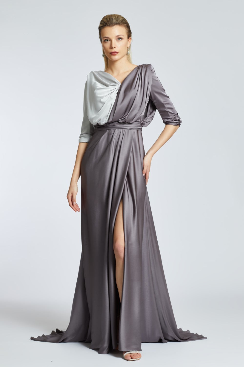 Çift Renk Yırtmaçlı Uzun Abiye Elbise Lacivert - Indigo